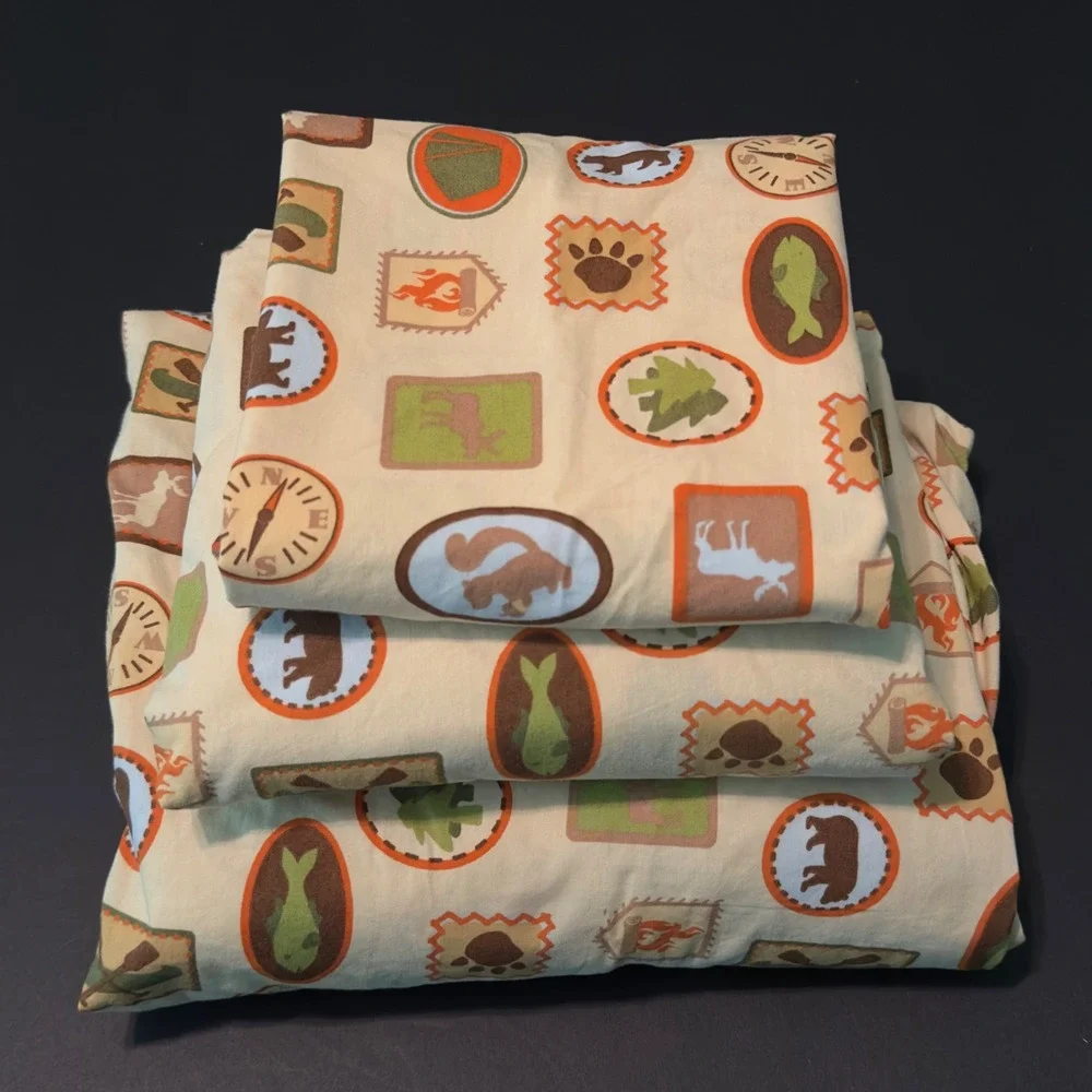 Vintage Woolrich kids 3pc Twin Sheet Set Nature Outdoor Camping Badge Bedding